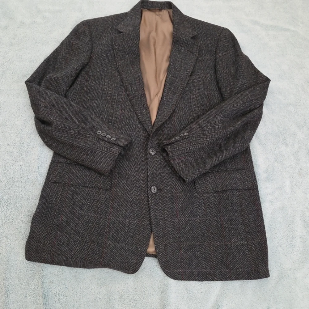 VTG Tweed Jacket L Grey Herringbone 100% Wool Blazer 44R Made in USA Sport Coat